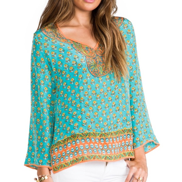 Tolani Tops - Tolani 100% Silk Boho Tunic Turquoise & Orange